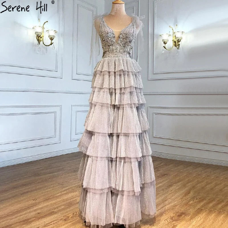 Serene Hill Grey Nude A-Line Evening Dresses 2024 Luxury Beaded Tiered Sexy For Women Wedding Party LA71228