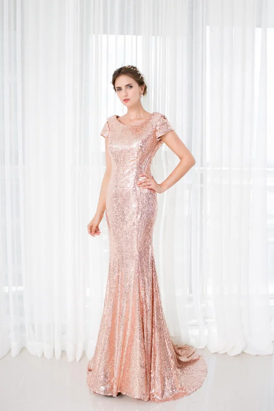 Cap Sleeves Sheath Sequins Long Prom Dresses