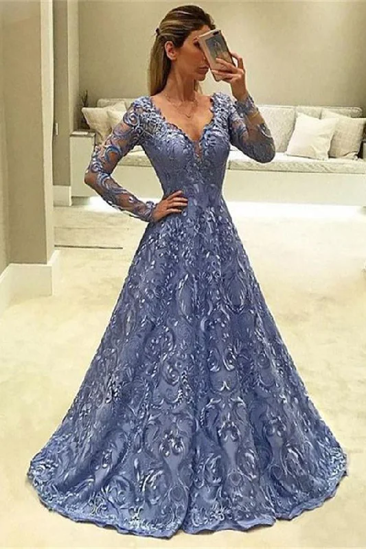 Modest Blue Long Sleeves V-neck Long Lace Evening Prom Dress