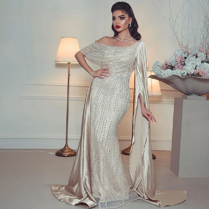 Serene Hill Beige One Shoulder Cape Sleeve Elegant Mermaid Evening Dresses Gowns 2024 Beaded Luxury For Woman Party LA71694