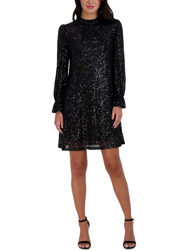 Womens Sequined Mock Neck Sheath Dress