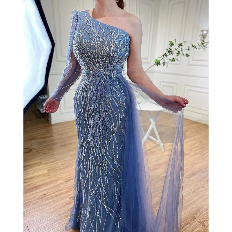 Serene Hill Grey Mermaid Elegant With Skirt One Shoulder Beaded Feathers Evening Dresses Gowns For Women Party 2024 LA71789