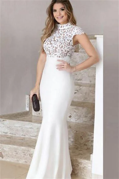 Lovely White High Neck Cap Sleeves Mermaid Long Lace Prom Dress
