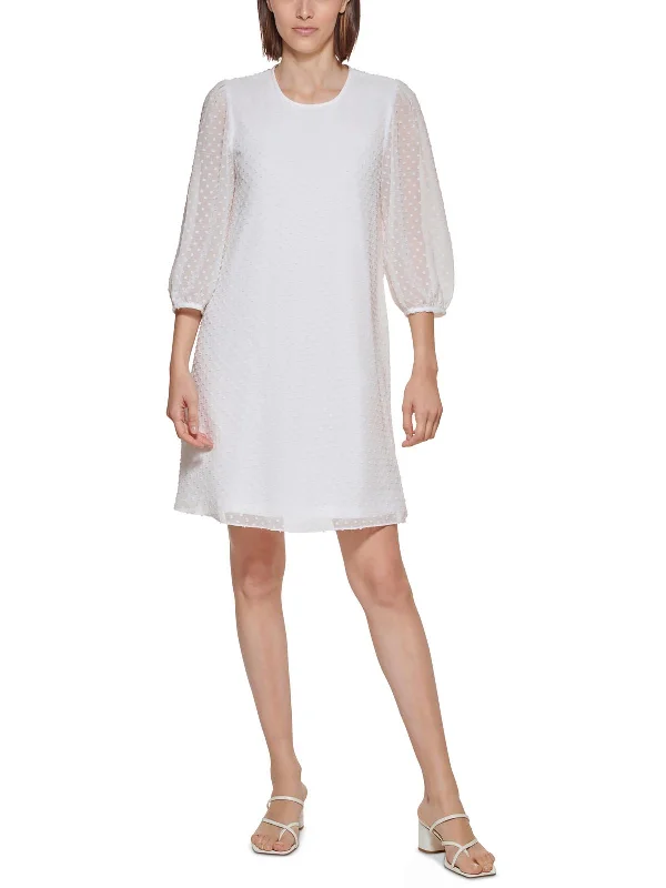 Petites Womens Clip Dot 3/4 Sleeves Shift Dress
