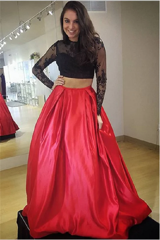 Black And Red Two Pieces A-line Long Sleeves Backless Lace Prom Dress