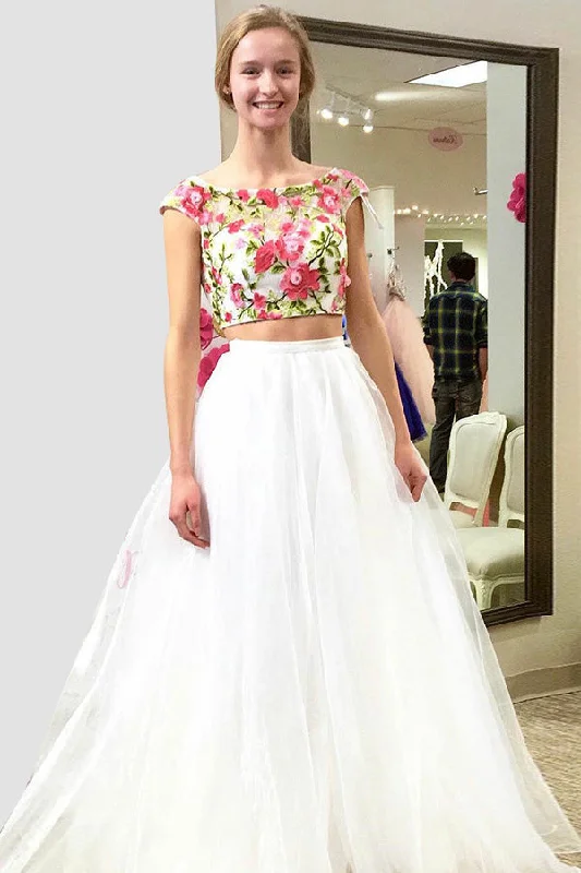 Charming Ivory Two Pieces Cap Sleeves Long Tulle Party Prom Dress