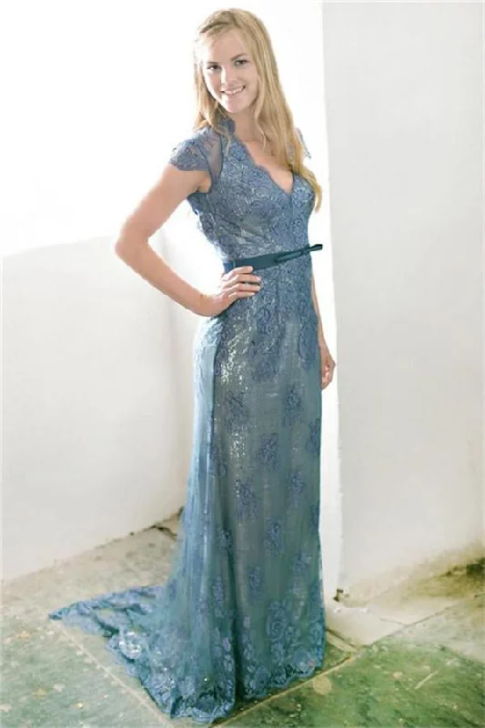 Pretty A-line Cap Sleeves V-neck Backless Long Prom Dress