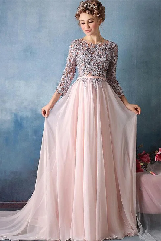 Beauty Long Sleeves Zipper Back Sweep Train Pink Chiffon Gray Lace Long Prom Dress