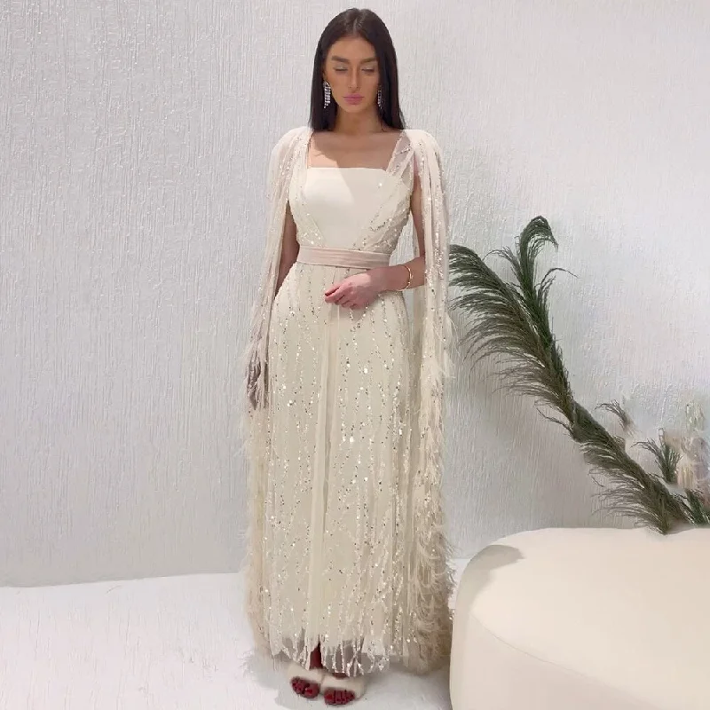 Serene Hill Ivory Mermaid Elegant Feathers Cape Sleeves Square Collar Beaded Luxury Evening Dresses Gowns 2023 Women LA71748