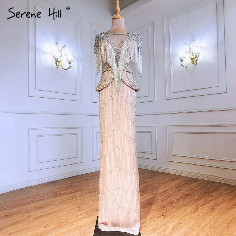 Serene Hill Silver Nude Cap Sleeves Evening Dresses Gowns 2024 Mermaid Beaded Luxury Elegant For Woman Party LA71296