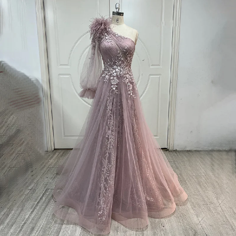 Serene Hill Pink A-Line Split Luxury Evening Dresses Gowns 2022 Beaded Elegant Feathers One Shoulder For Women Party LA71689