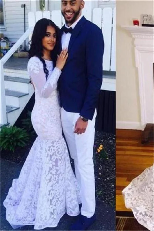 Elegant Mermaid Long Sleeves Backless White Lace Prom Dress