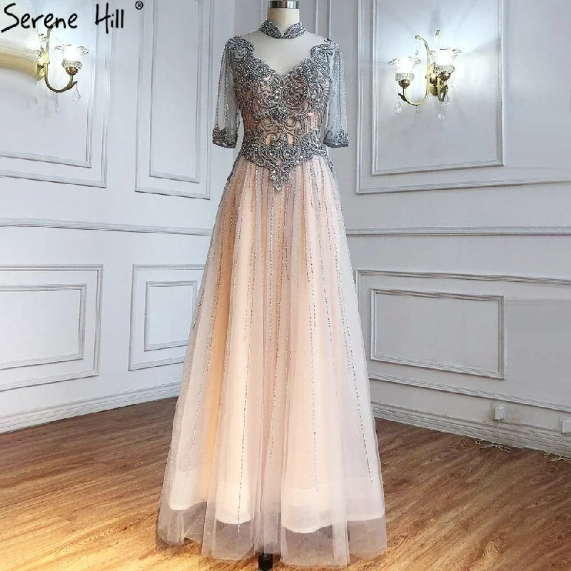 Serene Hill Silver Nude Luxury Evening Dresses Gowns 2024 Beaded A-Line Sexy For Woman Wedding Party  LA71186