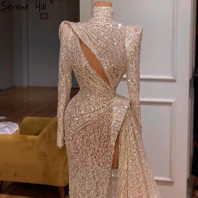Serene Hill Champagne Luxury Mermaid Evening Dresses Gowns 2024 Beaded Elegant High Split For Women Party LA71255