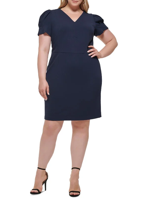 Plus Womens Puff Sleeve Knee Sheath Dress