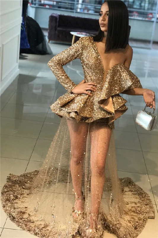 One Sleeve Gold Sequins Prom Dresses  | Sheer Tulle Appliques Sexy Evening Gowns BA9830
