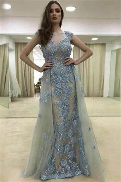 Pretty Long Cap Sleeves Elegant Zipper Back Lace Tulle Prom Dress