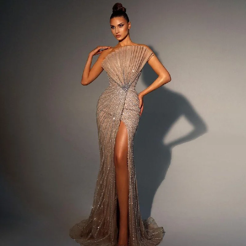 Serene Hill Caramel Sexy High Split Off Shoulder Mermaid Evening Dresses Beaded Gowns 2024 For Women Wedding Party LA72049