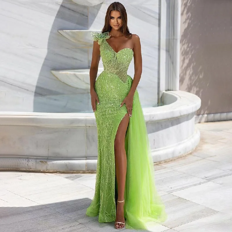 Serene Hill Arabic Lemen One Shoulder Mermaid Sexy High Split Beaded Evening Dresses Gowns 2024 For Women Wedding Party LA71968 Serene Hill Arabic Lemen One Shoulder Mermaid Sexy High Split Beaded Evening Dresses Gowns 2024 For Women Wedding Party LA71968