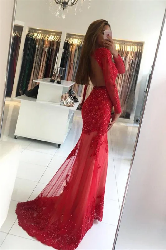 Sparkly Long Sleeves Backless Beading Long Red Lace Prom Dress