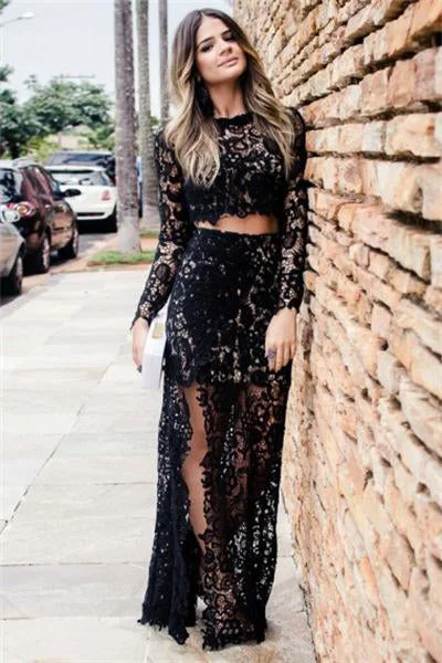 Elegant Two Pieces Long Sleeves Black Lace Long Prom Dress