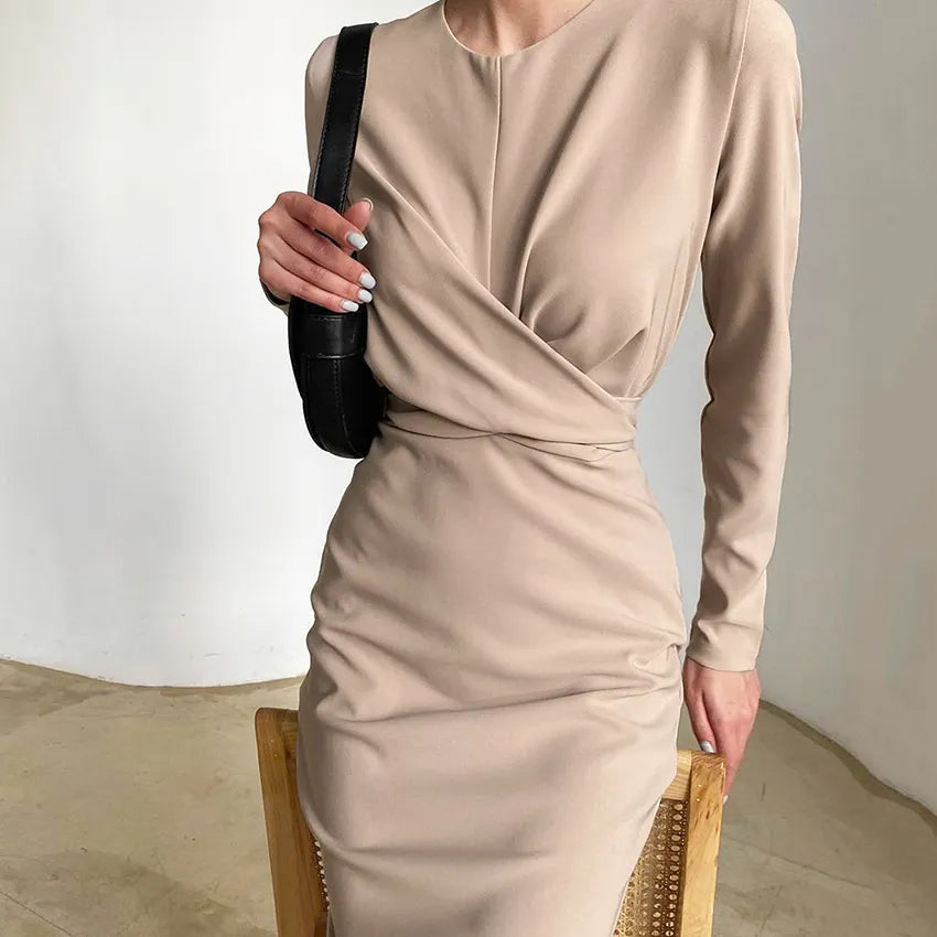 Wjczt - New Style Fashion Slim Dress Women's Long-sleeved Bottoming Round Neck Waist Slimming Mid-length Package Hip Dress Wjczt - New Style Fashion Slim Dress Women's Long-sleeved Bottoming Round Neck Waist Slimming Mid-length Package Hip Dress