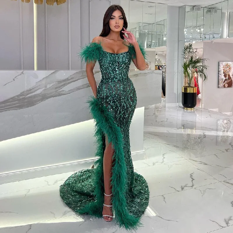 Serene Hill Green Mermaid Sexy High Split Luxury Beaded Feather Evening Dresses Gowns 2024 For Woman Wedding Party LA72043 Serene Hill Green Mermaid Sexy High Split Luxury Beaded Feather Evening Dresses Gowns 2024 For Woman Wedding Party LA72043