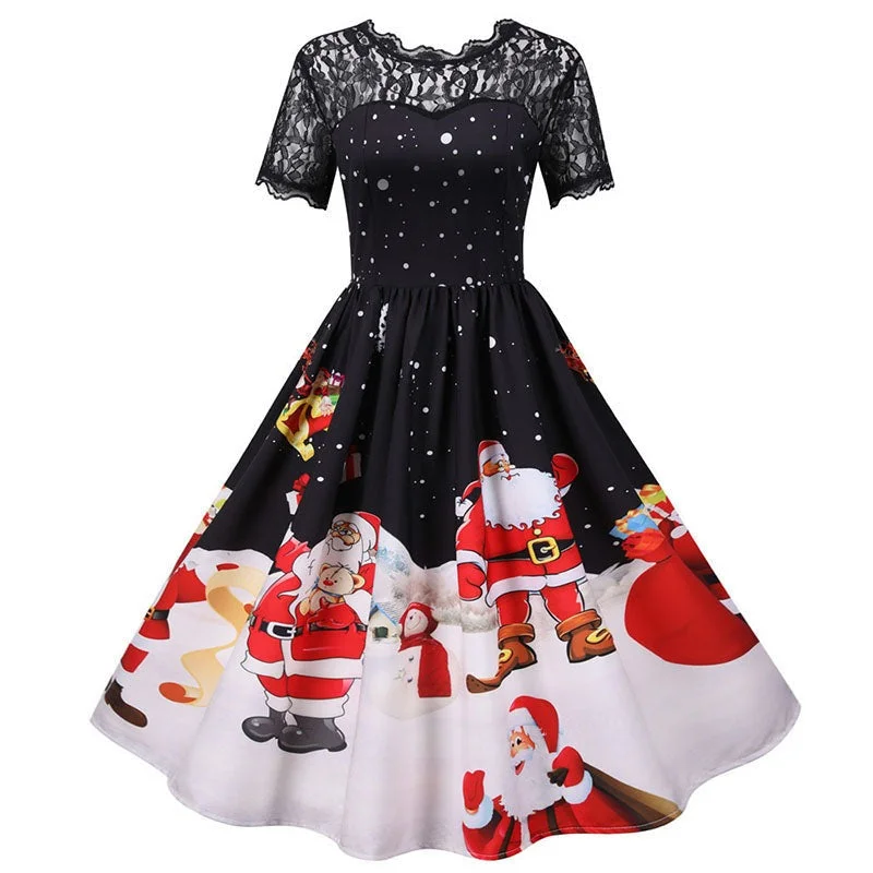 Wjczt 2022 Women's Christmas Dress Short Sleeve Lace Santa Claus Print High Waist Elegant Vintage Winter Xmas Party Clothes Plus Size