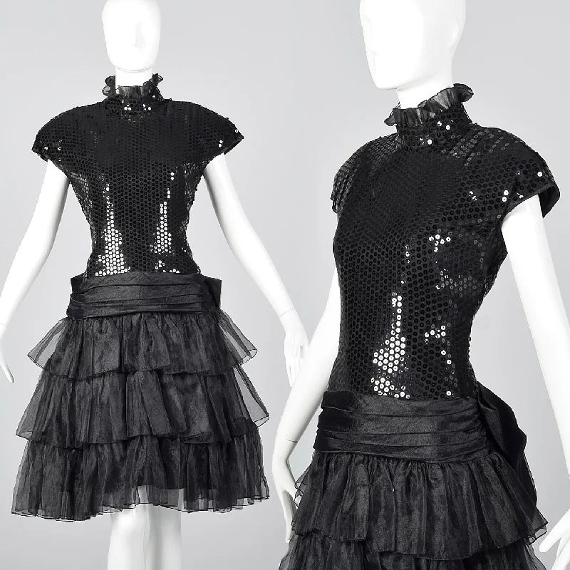 1980s Tadashi Black Sequin Dress with Drop Waist and Ruffle Skirt