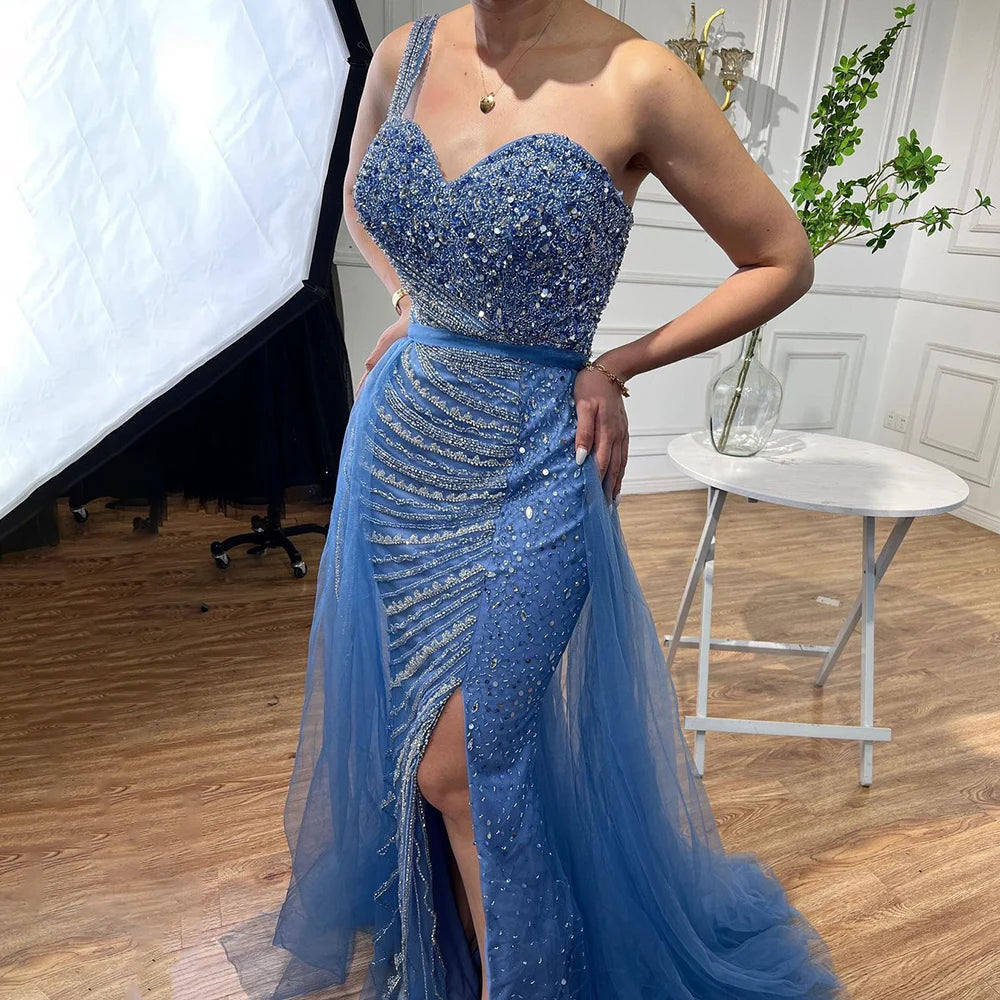 Serene Hill Blue One Shoulder High Split Mermaid Elegant Beaded With Overskirt Evening Dresses Gowns For Women Party LA71825 Serene Hill Blue One Shoulder High Split Mermaid Elegant Beaded With Overskirt Evening Dresses Gowns For Women Party LA71825