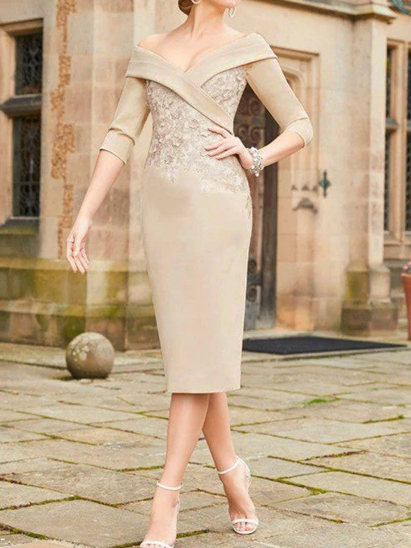 Tight fitting/straight stretch crepe fabric with flower stickers and exposed shoulders long mother of the bride dress Tight fitting/straight stretch crepe fabric with flower stickers and exposed shoulders long mother of the bride dress