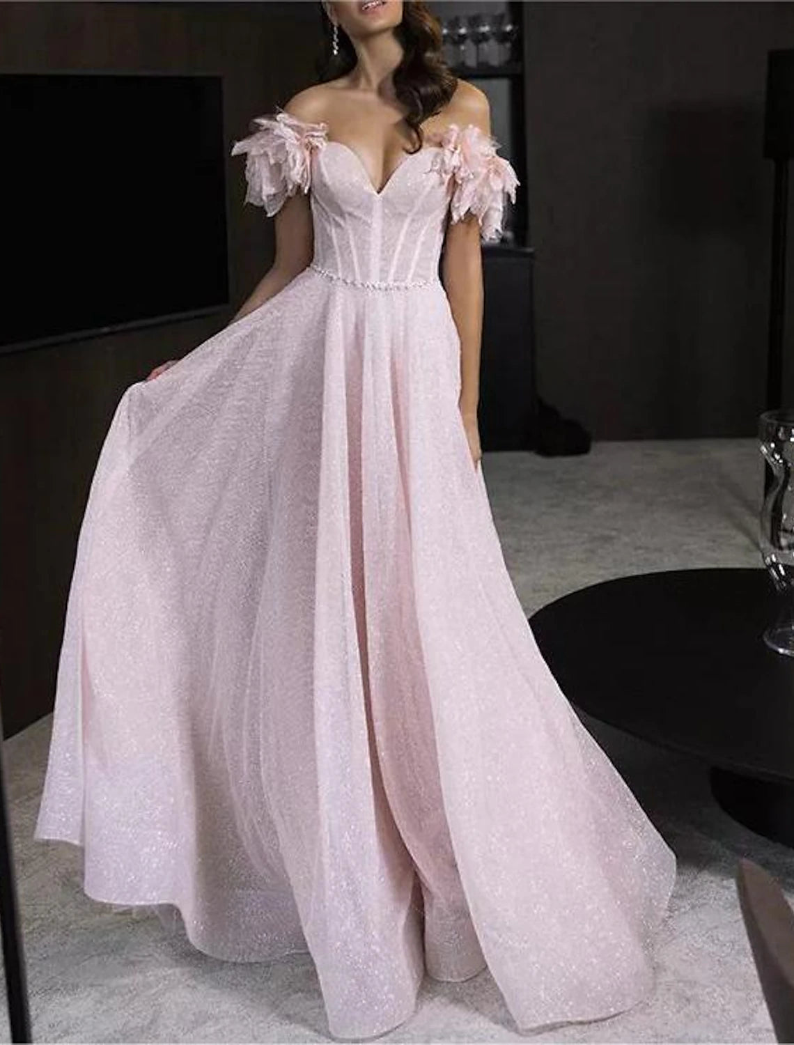 A-Line Prom Dresses Glittering Dress Prom Birthday Floor Length Sleeveless Off Shoulder Tulle with Glitter Crystals A-Line Prom Dresses Glittering Dress Prom Birthday Floor Length Sleeveless Off Shoulder Tulle with Glitter Crystals