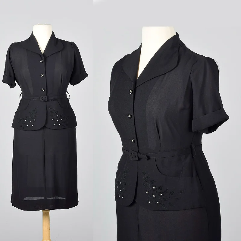 1950s Black Rayon Day Dress with Peplum Waist
