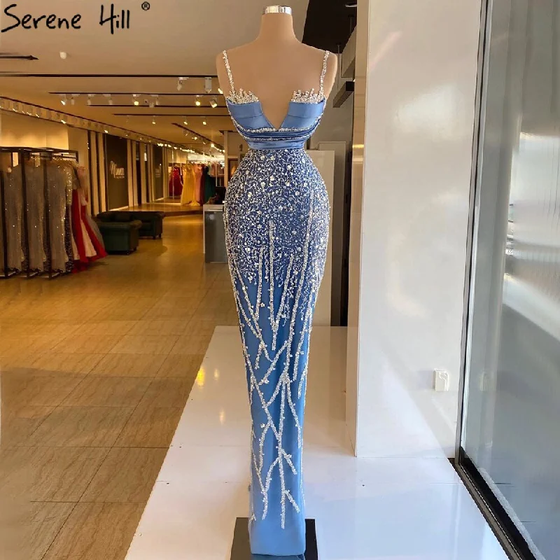 Serene Hill Blue Spaghetti Strap Mermaid Evening Dresses Gowns 2024 Luxury Beaded Elegant For Women Party LA71243