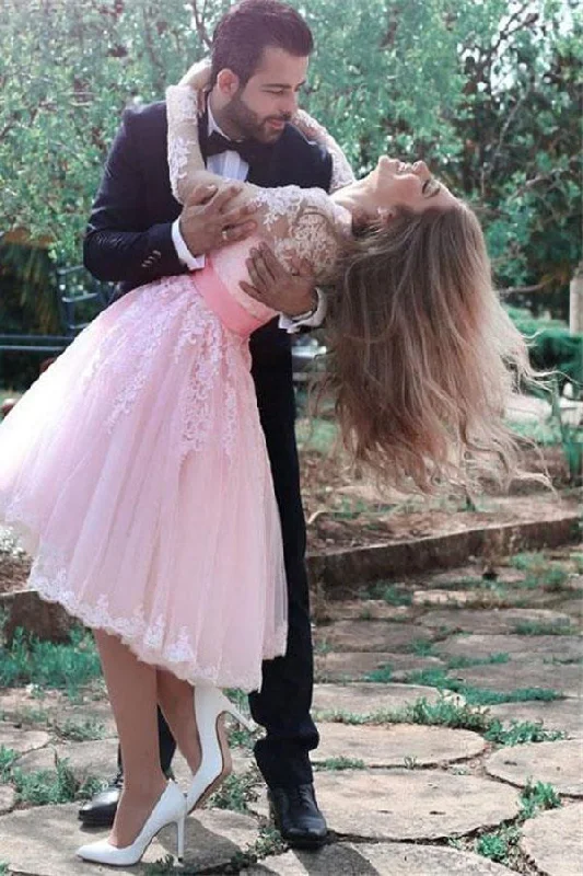 Pretty V-neck Long Sleeves Tea Length Pink Lace Tulle Prom Dress For Teens