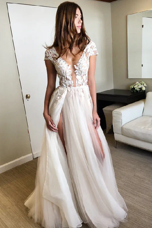 Elegant Ivory Cap Sleeves Deep V-neck Lace Tulle Long Prom Dress