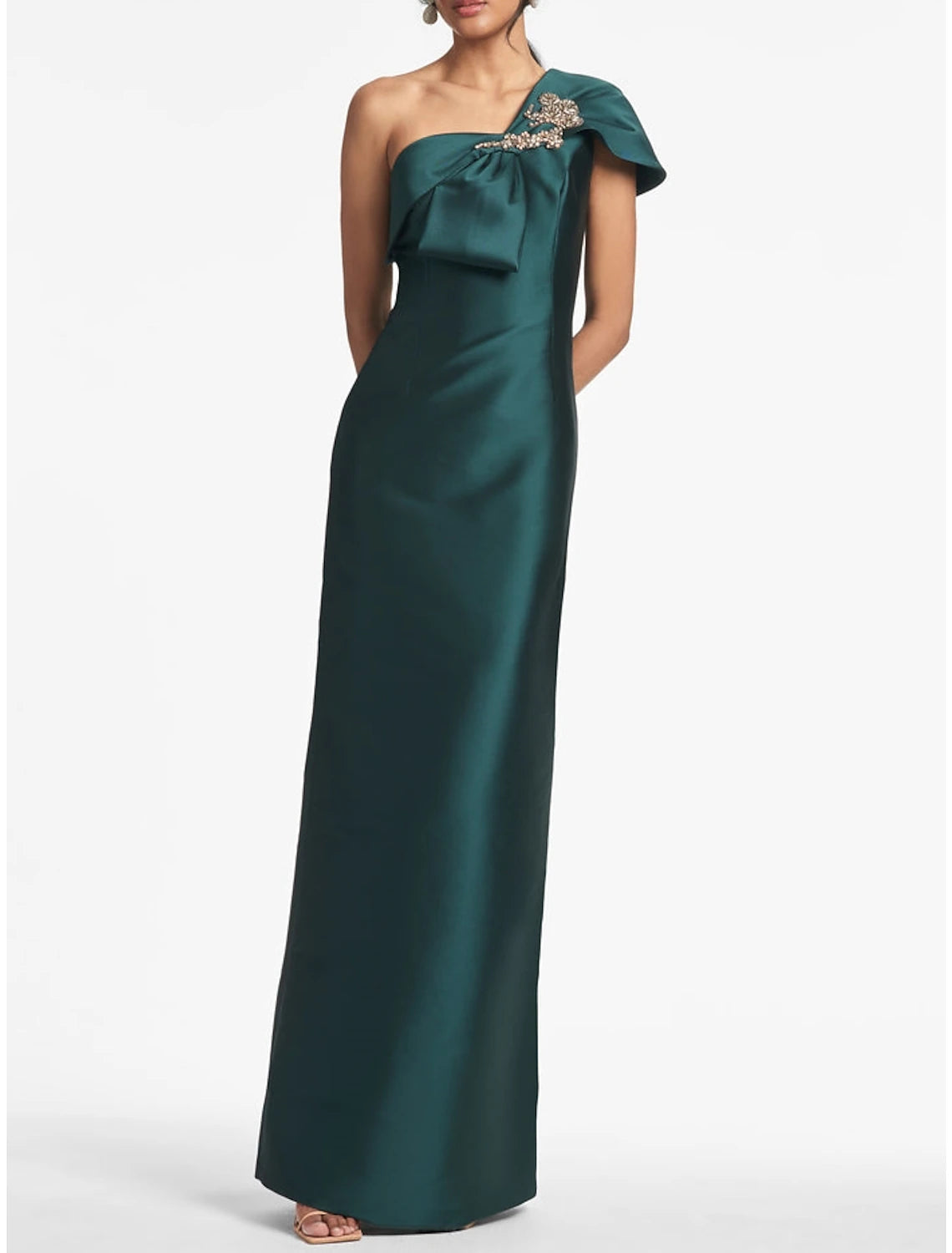 Sheath / Column Evening Gown Elegant Dress Formal Floor Length Christmas Red Green Dress Short Sleeve One Shoulder Satin with Bow(s) Shouder Flower Sheath / Column Evening Gown Elegant Dress Formal Floor Length Christmas Red Green Dress Short Sleeve One Shoulder Satin with Bow(s) Shouder Flower