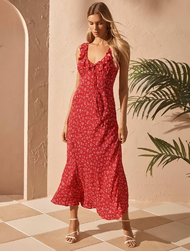 Alora Ruffle Neck Midi Dress Elegant Maxi-Midi Hybrid Dress