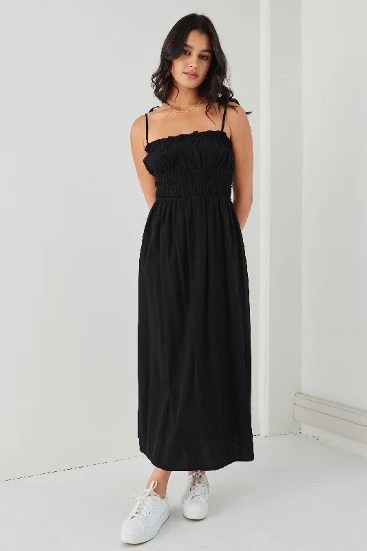 Arcadia Black Cotton Gathered Tie Strap Midi Dress Fashionable Pencil Midi Dress