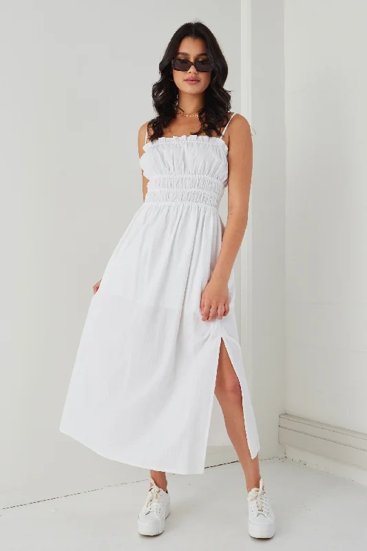 Arcadia White Cotton Gathered Tie Strap Midi Dress Elegant Floral Appliqué Midi Dress