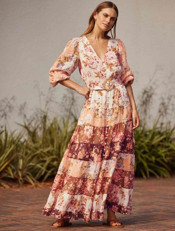 Arlena Patchwork Midi Dress Elegant Pleated Detail Midi Dress