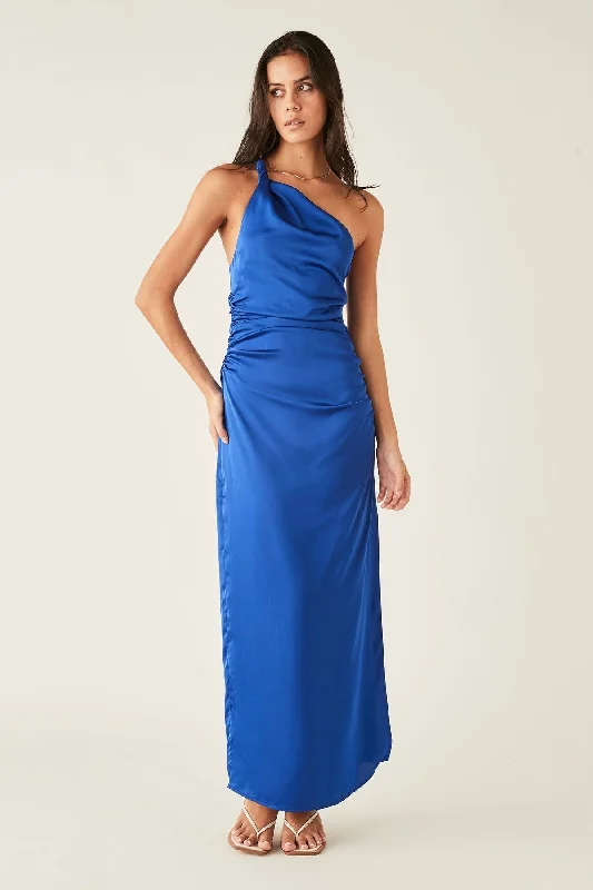 Balmy Cobalt Blue One Shoulder Midi Dress Stylish Wraparound Midi Dress