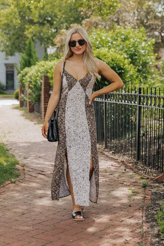 Black Mixed Print Slit Midi Dress - FINAL SALE Comfortable Adjustable Strap Midi Dress