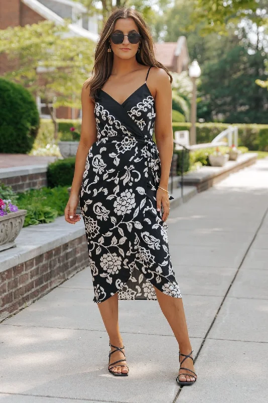 Black Print Tie Waist Midi Dress - FINAL SALE Trendy Ruffle Hem Midi Dress