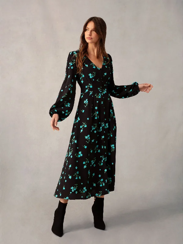 Blue Cluster Floral Button Front Midi Dress Stylish Silk Midi Dress