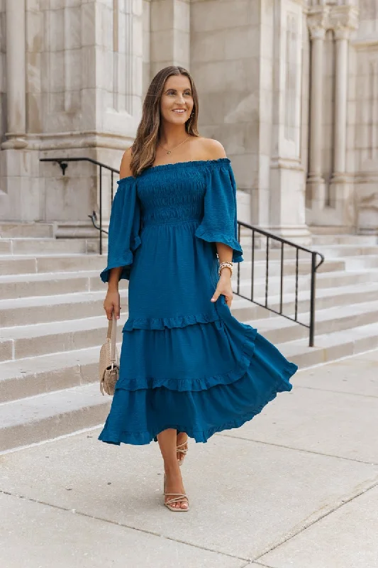 Blue Off The Shoulder Tiered Midi Dress - FINAL SALE Trendy Tiered Hem Midi Dress