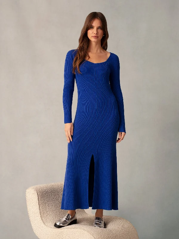 Blue Rib Knit Sweetheart Neckline Midi Dress Fashionable Fitted Midi Dress