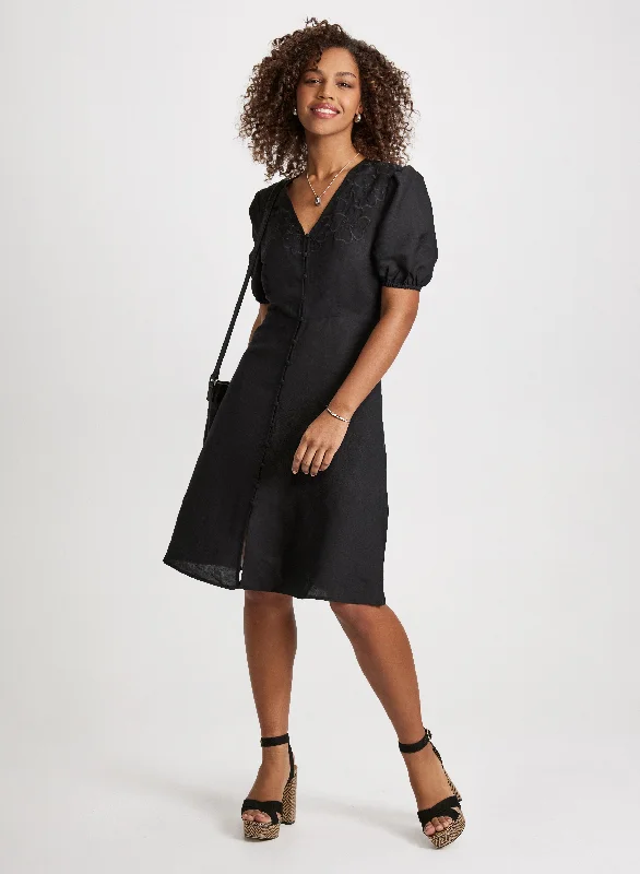 Buttoned Linen-Blend Midi Dress Comfortable Ruched Midi Dress