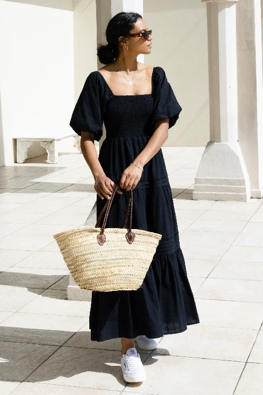 Captivate Black Cotton Puff Sleeve Tiered Midi Dress Trendy Floral Wrap Midi Dress