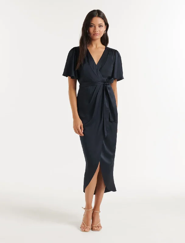 Carolina Satin Flutter Sleeve Midi Dress Trendy Tiered Hem Midi Dress